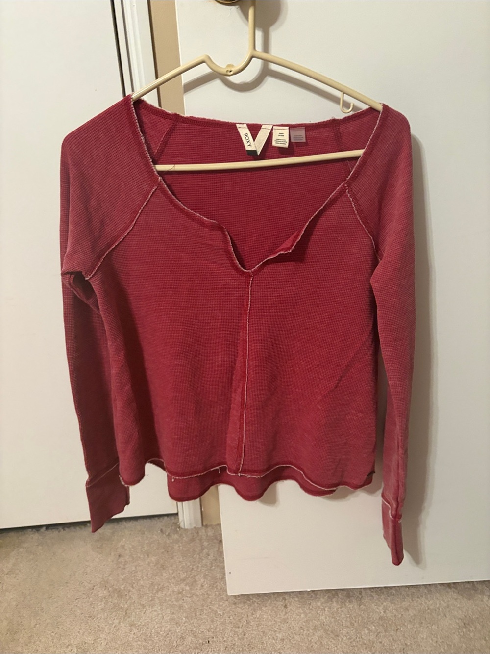 Roxy Women's Distressed Scoop Neck Long Sleeve Top - Brick Red